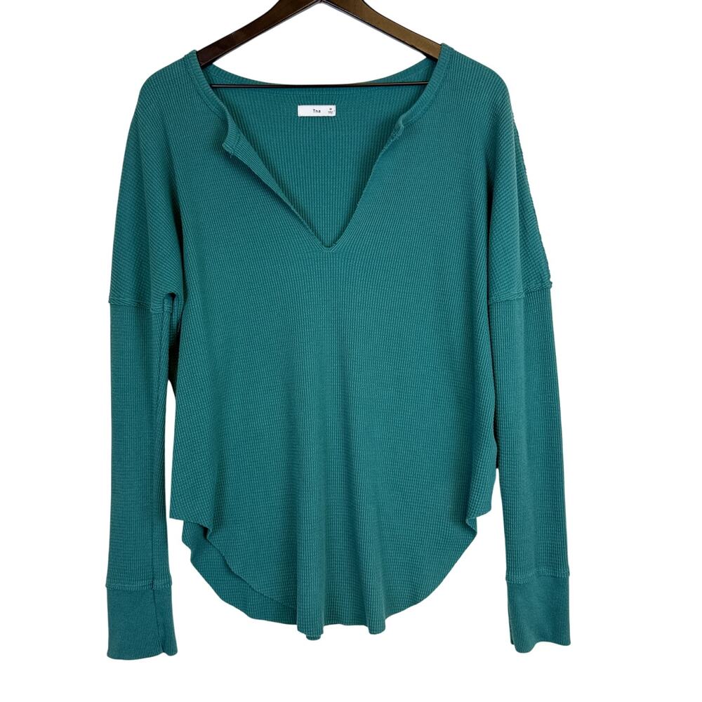 TNA Aritzia Teal Blue VNeck Waffle Knit Long Sleeve Thermal Shirt - M